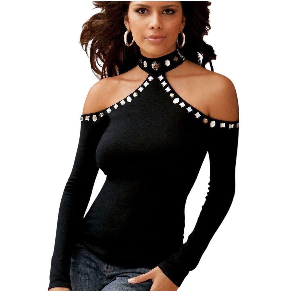 Black long sleeve top with rhinestone detailing - Picture 2 of 4